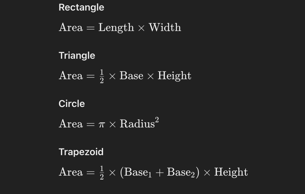 Area Calculation Formulas 